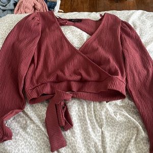 v neck tie back cropped shirt